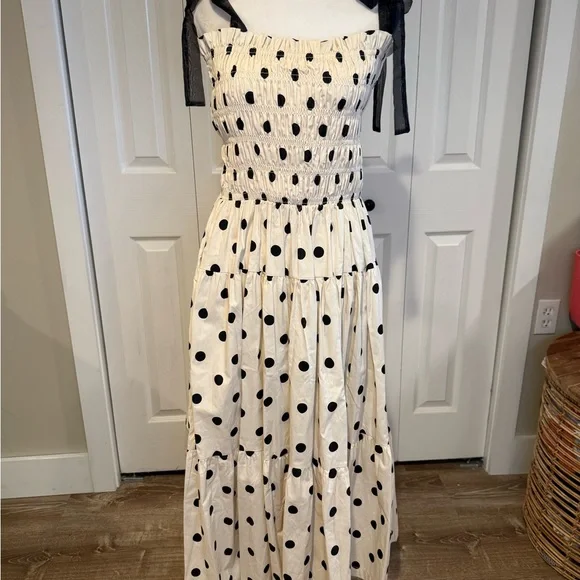 En Saison,  NWT Polka Dot Smocked Midi Dress Bow Strap Pockets, Size M - Picture 5 of 13
